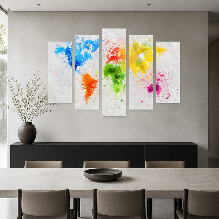 Abstract World Map with Geometric Rhythm — five-panel wall art in frontal interior | 5wallart 57050 M3