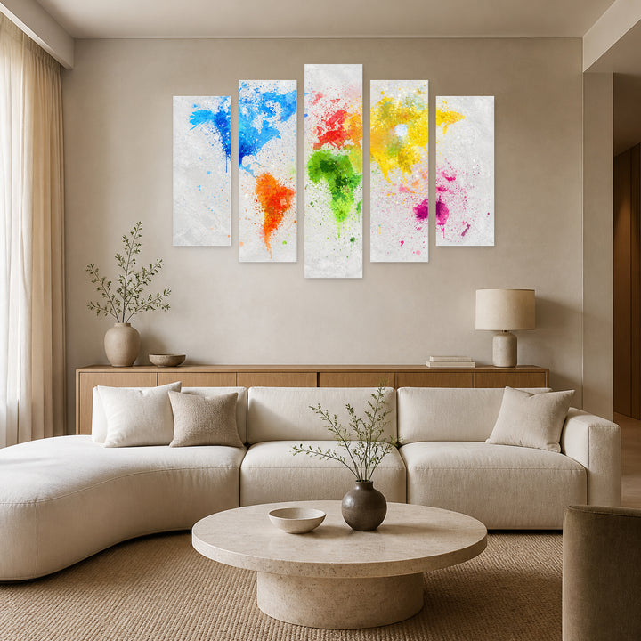 Abstract World Map with Geometric Rhythm — five-panel wall art in alternate frontal interior | 5wallart 57050 M4
