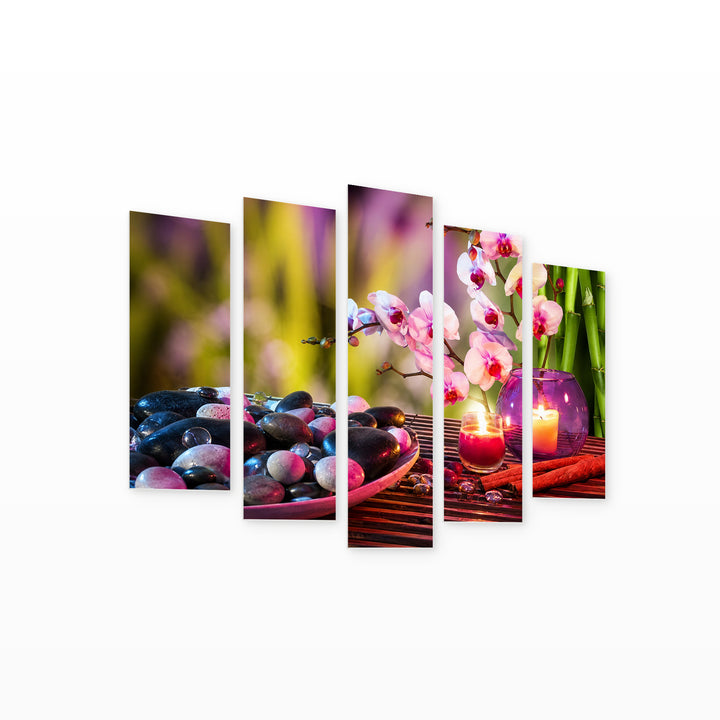 Plate with Stones, Orchids, and Bamboo Botanical Study — five-panel wall art on white background in perspective | 5wallart 57056 M1
