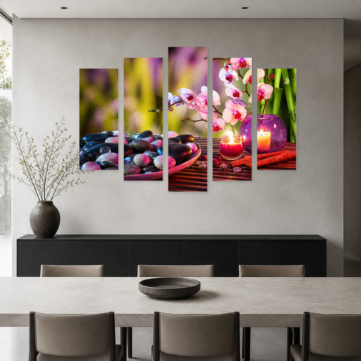 Plate with Stones, Orchids, and Bamboo Botanical Study — five-panel wall art in frontal interior | 5wallart 57056 M3