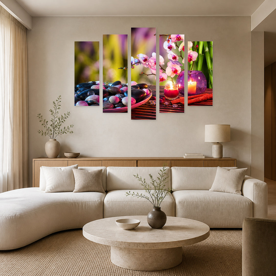 Plate with Stones, Orchids, and Bamboo Botanical Study — five-panel wall art in alternate frontal interior | 5wallart 57056 M4