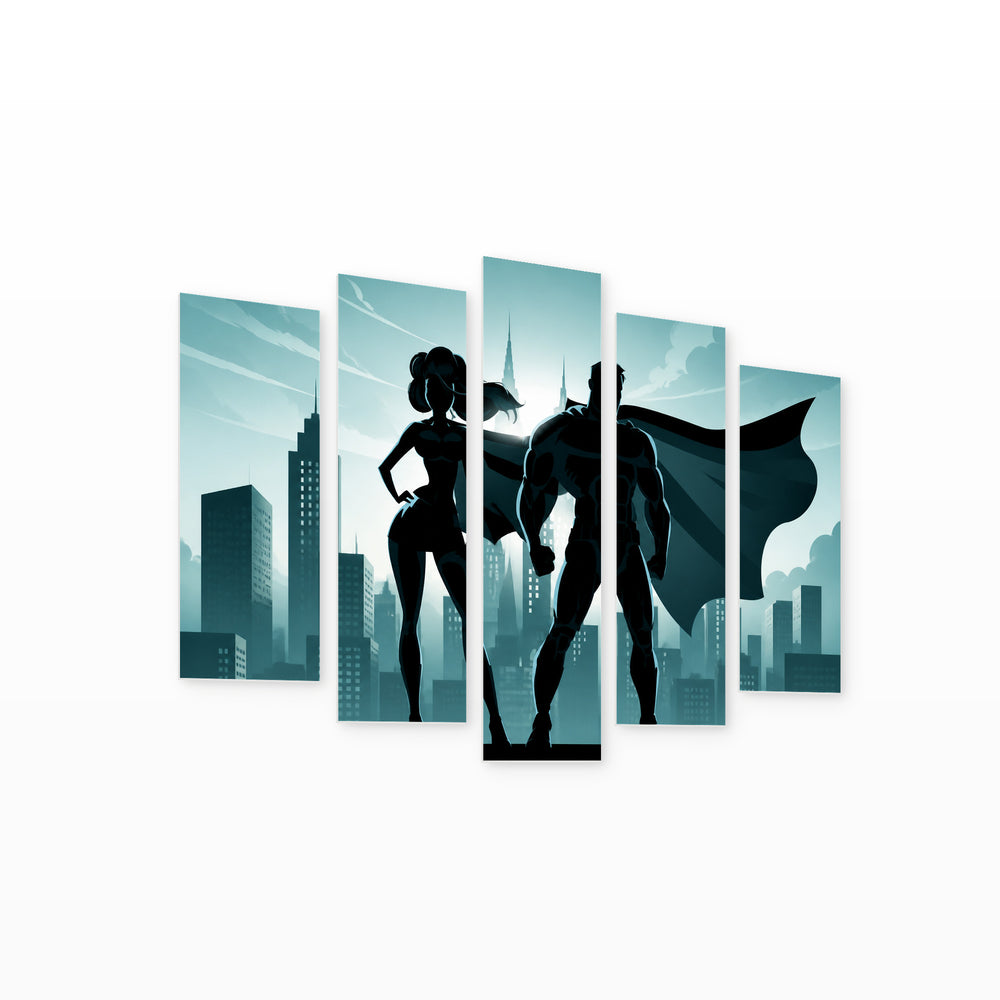 Flying Comic Hero and Supergirl — five-panel wall art on white background in perspective | 5wallart 57062 M1