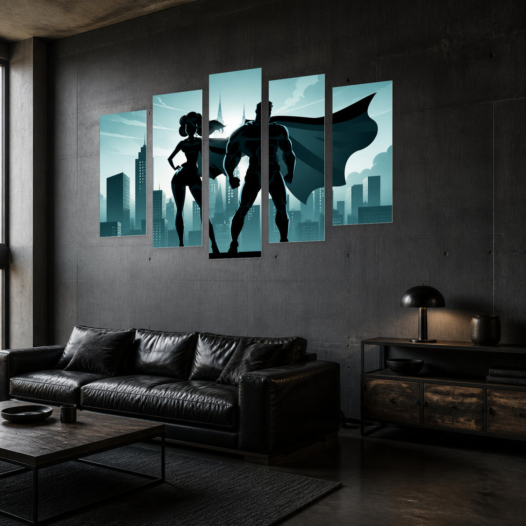 Flying Comic Hero and Supergirl — five-panel wall art in perspective interior | 5wallart 57062 M2