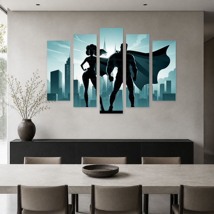 Flying Comic Hero and Supergirl — five-panel wall art in frontal interior | 5wallart 57062 M3