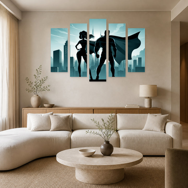 Flying Comic Hero and Supergirl — five-panel wall art in alternate frontal interior | 5wallart 57062 M4