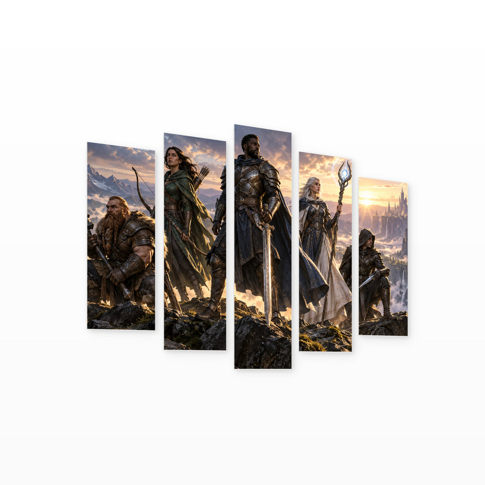 Team of Superheroes with Dramatic Contrast — five-panel wall art on white background in perspective | 5wallart 57063 M1