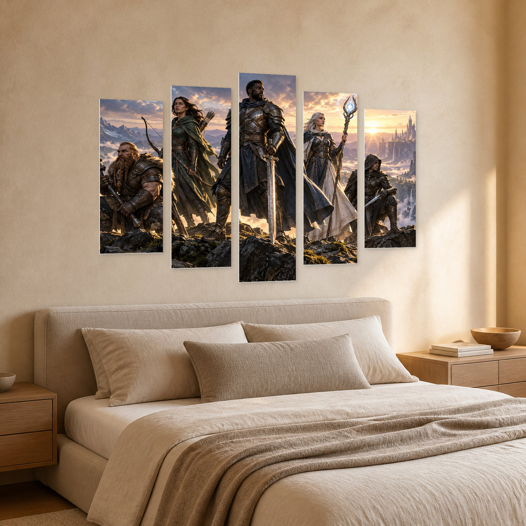 Team of Superheroes with Dramatic Contrast — five-panel wall art in perspective interior | 5wallart 57063 M2