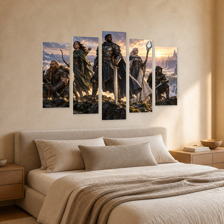 Team of Superheroes with Dramatic Contrast — five-panel wall art in perspective interior | 5wallart 57063 M2