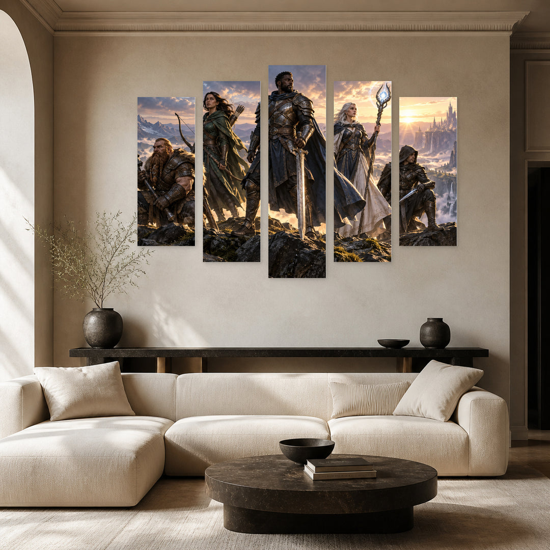 Team of Superheroes with Dramatic Contrast — five-panel wall art in frontal interior | 5wallart 57063 M3