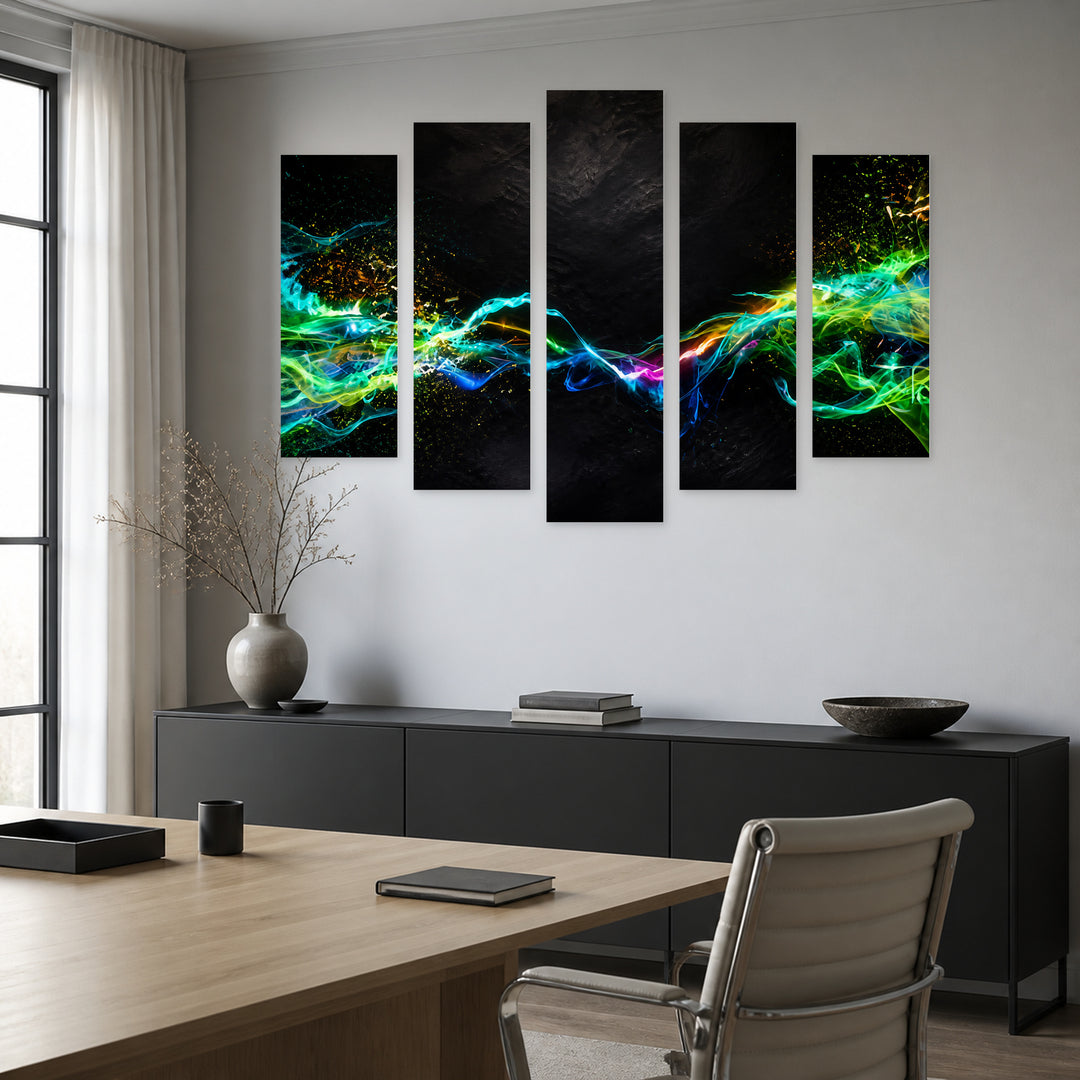 Colorful Paint with Geometric Rhythm — five-panel wall art in alternate frontal interior | 5wallart 57069 M4