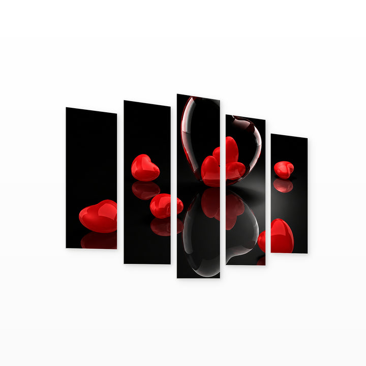 Hearts with Geometric Rhythm — five-panel wall art on white background in perspective | 5wallart 57070 M1