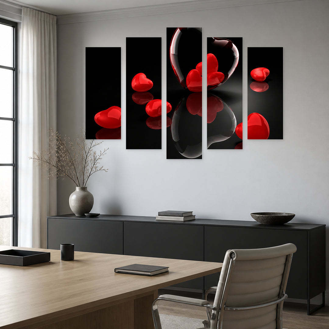 Hearts with Geometric Rhythm — five-panel wall art in frontal interior | 5wallart 57070 M3