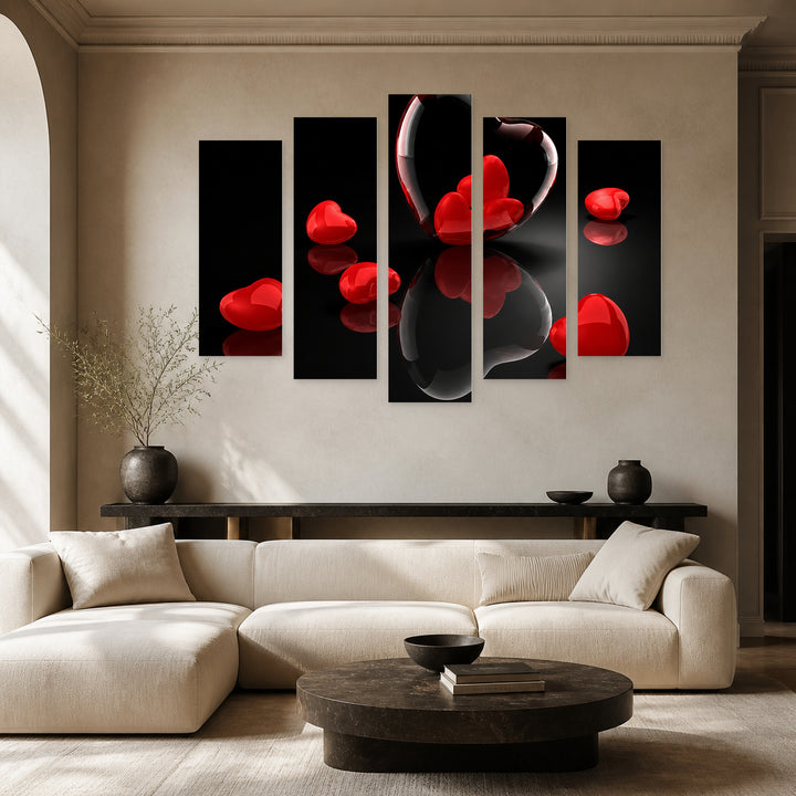 Hearts with Geometric Rhythm — five-panel wall art in alternate frontal interior | 5wallart 57070 M4