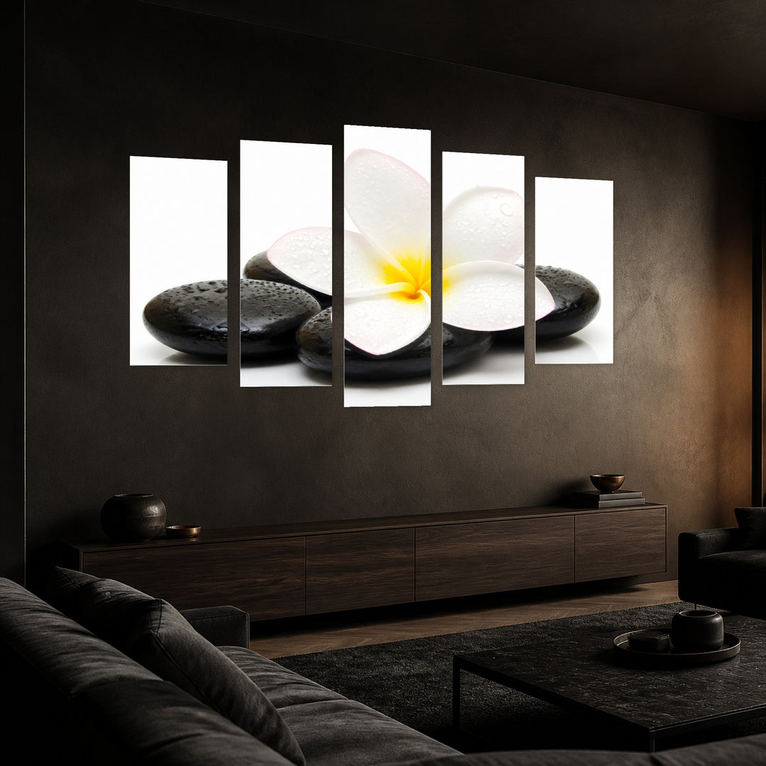 Zen Stones and Jasmine in Serene Light — five-panel wall art in perspective interior | 5wallart 57073 M2