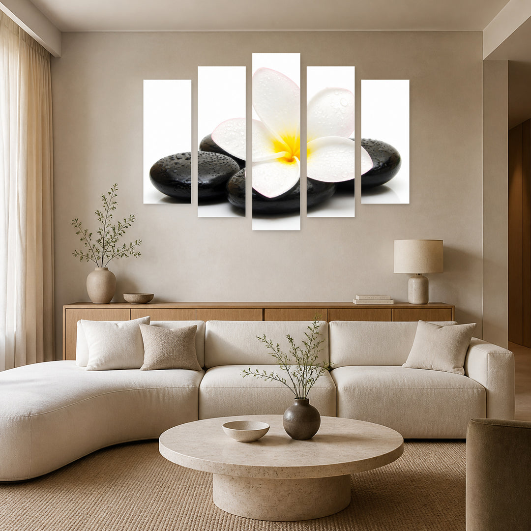 Zen Stones and Jasmine in Serene Light — five-panel wall art in frontal interior | 5wallart 57073 M3