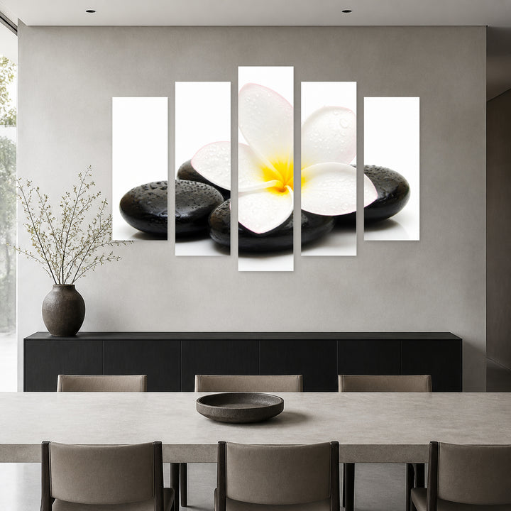 Zen Stones and Jasmine in Serene Light — five-panel wall art in alternate frontal interior | 5wallart 57073 M4