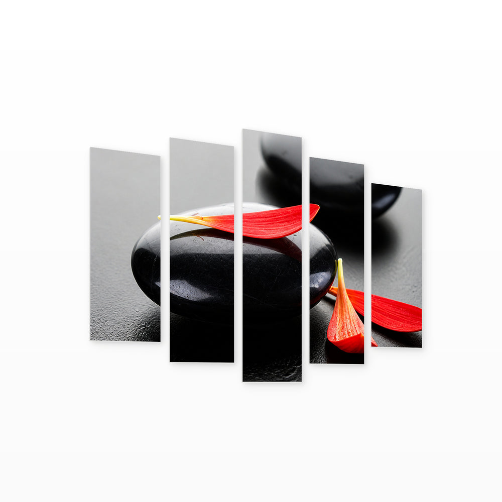 Zen Stones and Red Leaves in Vivid Color — five-panel wall art on white background in perspective | 5wallart 57074 M1
