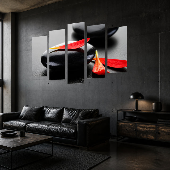 Zen Stones and Red Leaves in Vivid Color — five-panel wall art in perspective interior | 5wallart 57074 M2