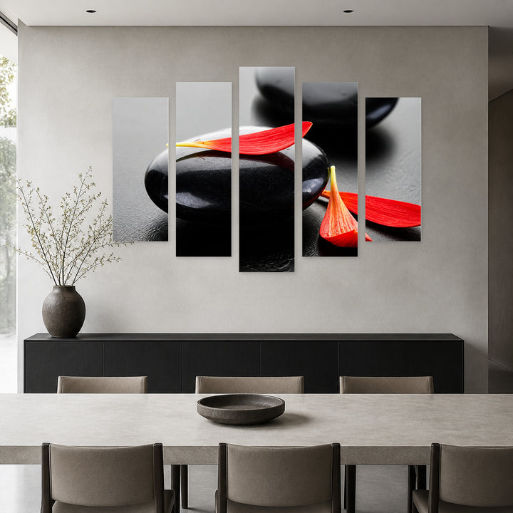 Zen Stones and Red Leaves in Vivid Color — five-panel wall art in frontal interior | 5wallart 57074 M3
