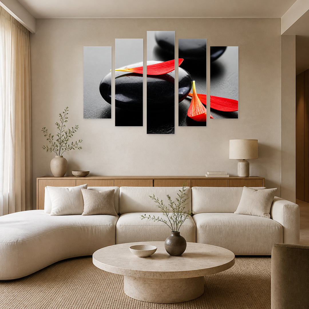 Zen Stones and Red Leaves in Vivid Color — five-panel wall art in alternate frontal interior | 5wallart 57074 M4
