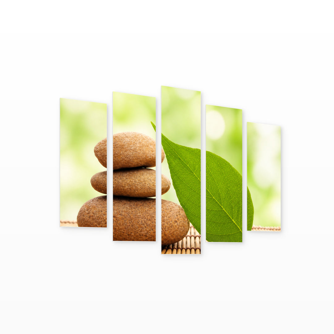 Zen Stones on Bamboo in Serene Light — five-panel wall art on white background in perspective | 5wallart 57075 M1
