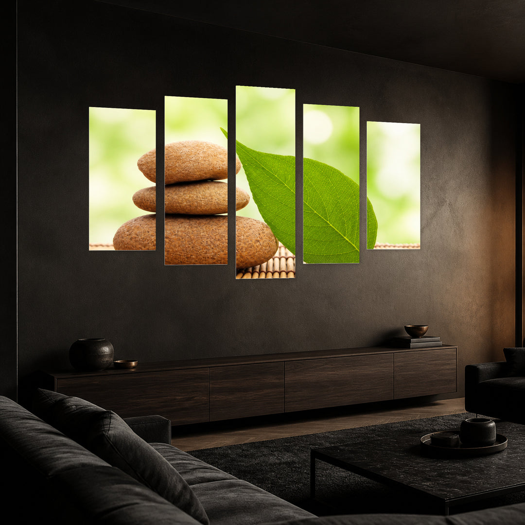 Zen Stones on Bamboo in Serene Light — five-panel wall art in perspective interior | 5wallart 57075 M2