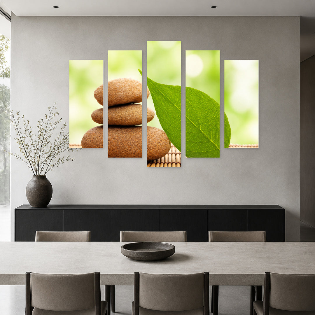 Zen Stones on Bamboo in Serene Light — five-panel wall art in alternate frontal interior | 5wallart 57075 M4