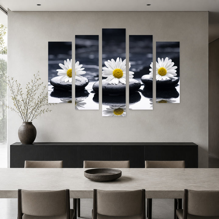 Zen Stones and Daisies in Serene Light — five-panel wall art in frontal interior | 5wallart 57076 M3