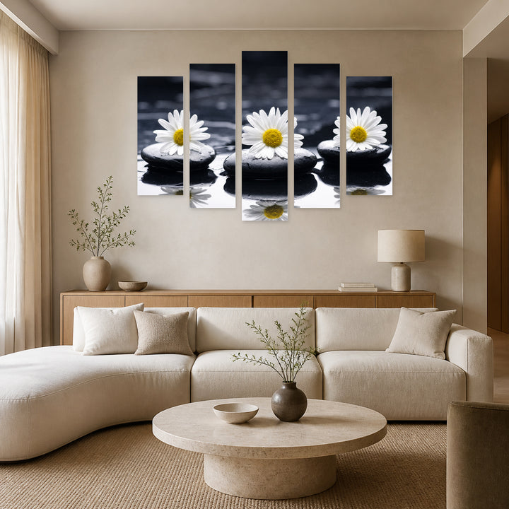 Zen Stones and Daisies in Serene Light — five-panel wall art in alternate frontal interior | 5wallart 57076 M4