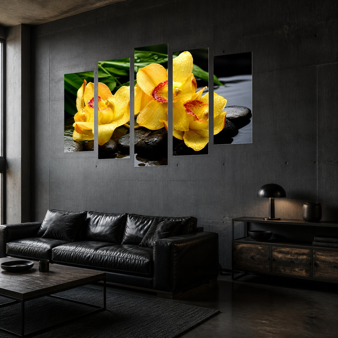 Zen Stones and Yellow Orchid in Vivid Color — five-panel wall art in perspective interior | 5wallart 57078 M2