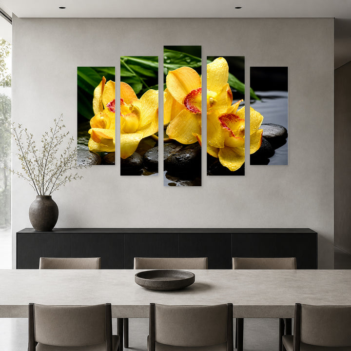 Zen Stones and Yellow Orchid in Vivid Color — five-panel wall art in frontal interior | 5wallart 57078 M3