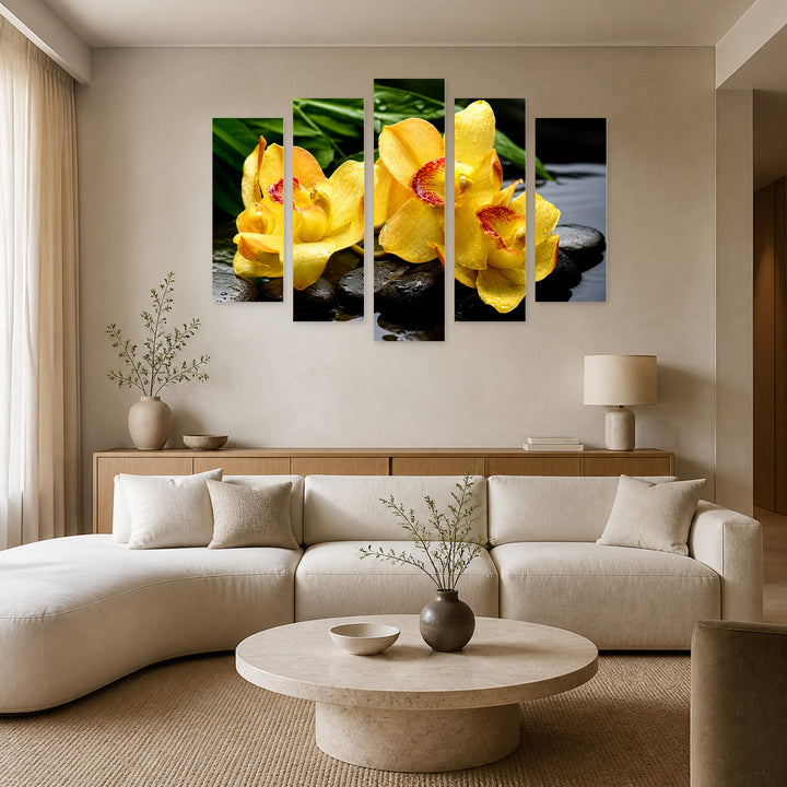 Zen Stones and Yellow Orchid in Vivid Color — five-panel wall art in alternate frontal interior | 5wallart 57078 M4