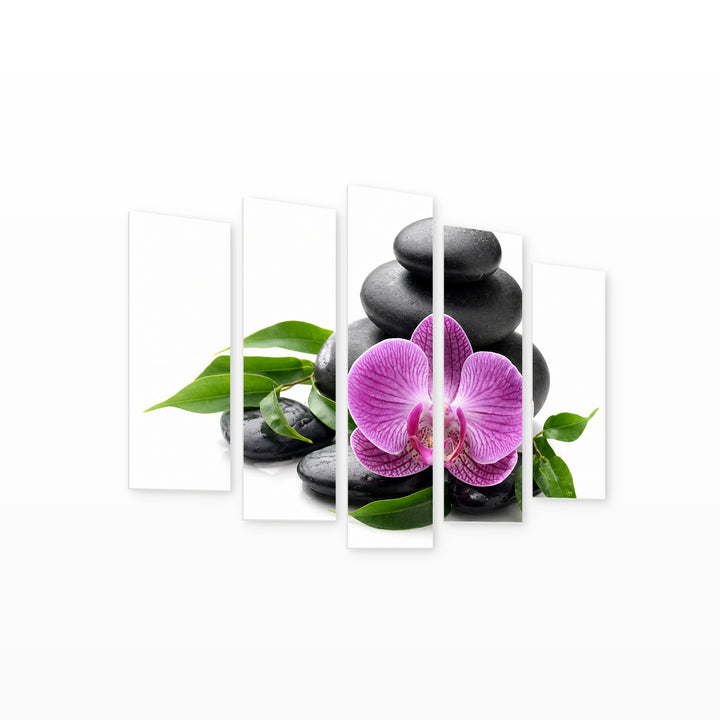 Zen Stones and Purple Orchid with Geometric Rhythm — five-panel wall art on white background in perspective | 5wallart 57079 M1