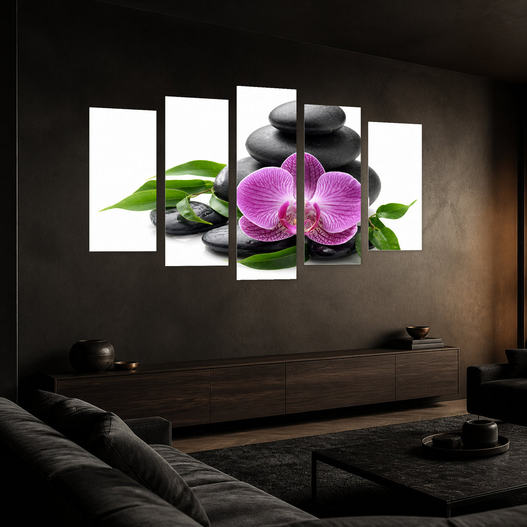 Zen Stones and Purple Orchid with Geometric Rhythm — five-panel wall art in perspective interior | 5wallart 57079 M2
