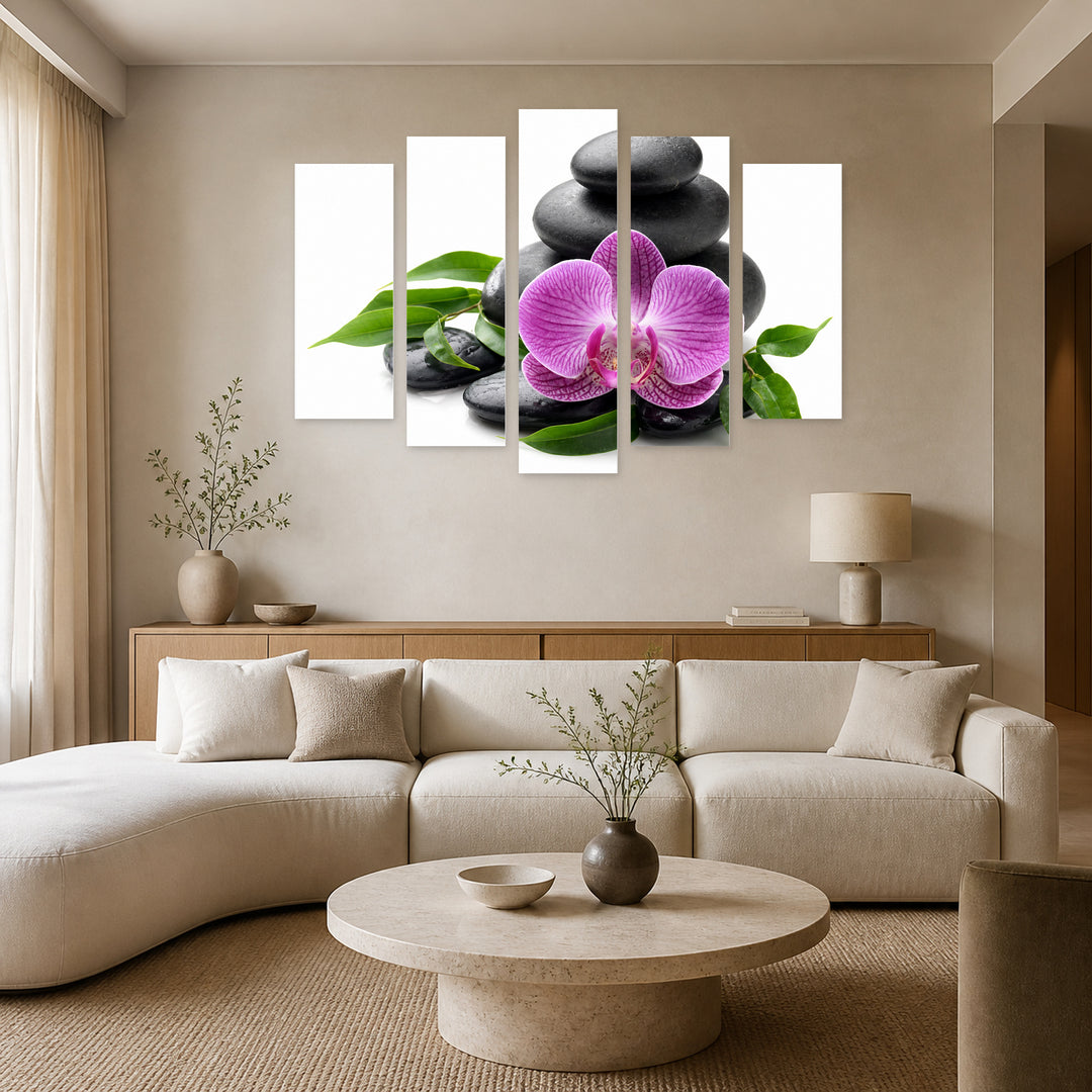 Zen Stones and Purple Orchid with Geometric Rhythm — five-panel wall art in frontal interior | 5wallart 57079 M3