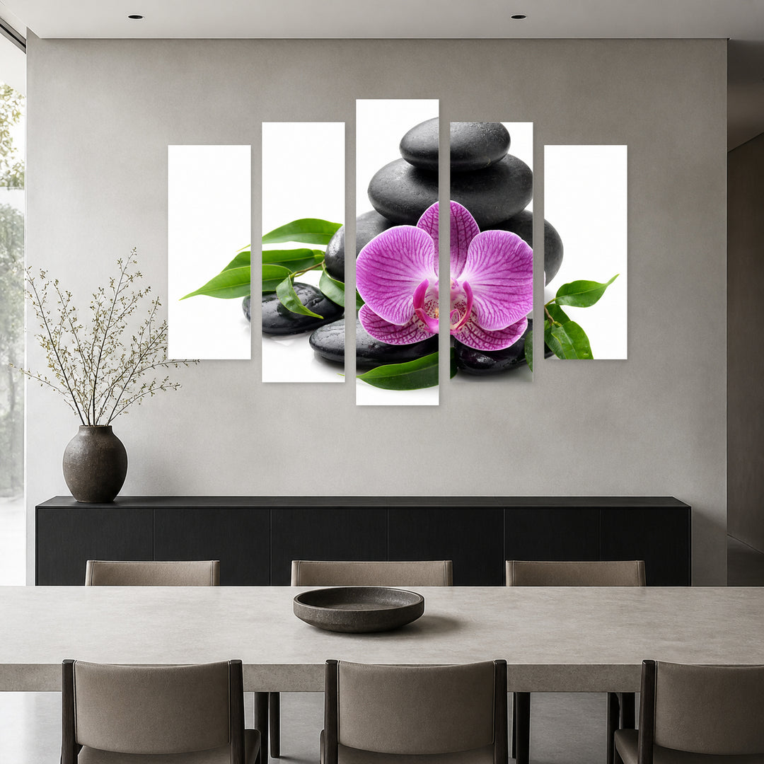 Zen Stones and Purple Orchid with Geometric Rhythm — five-panel wall art in alternate frontal interior | 5wallart 57079 M4