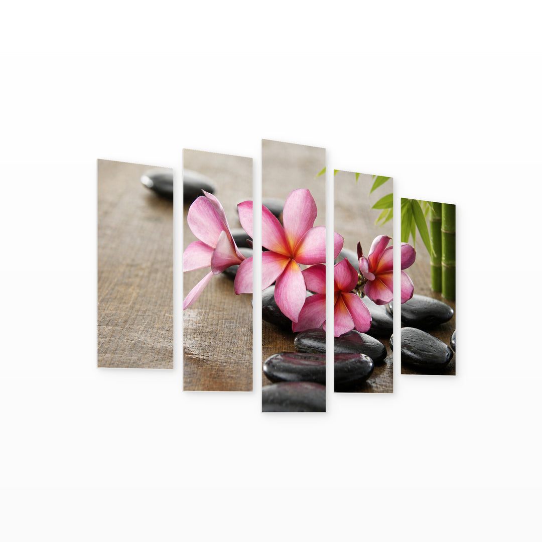 Zen Stones, Bamboo, and Jasmine in Serene Light — five-panel wall art on white background in perspective | 5wallart 57083 M1