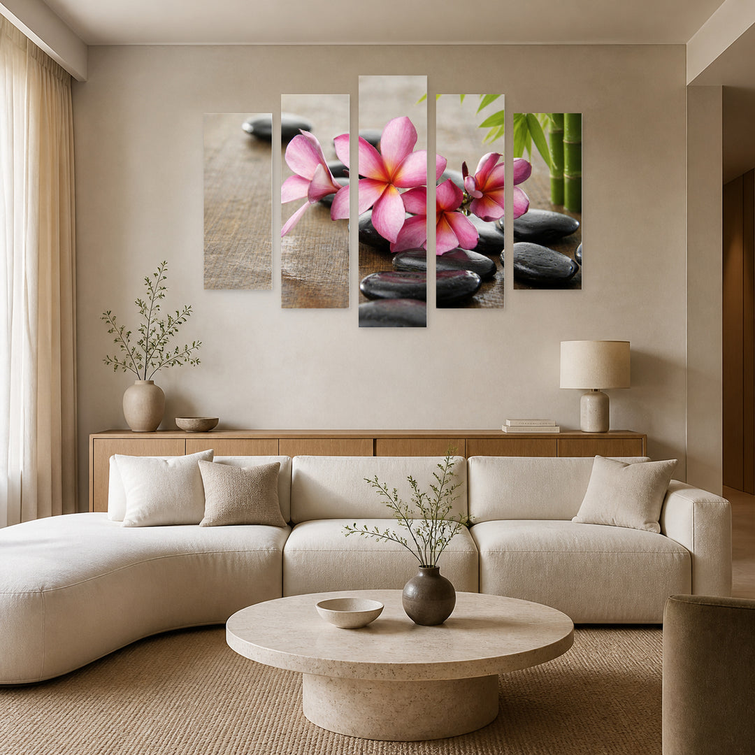 Zen Stones, Bamboo, and Jasmine in Serene Light — five-panel wall art in frontal interior | 5wallart 57083 M3