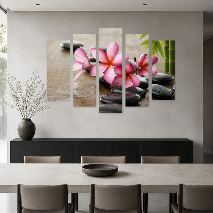 Zen Stones, Bamboo, and Jasmine in Serene Light — five-panel wall art in alternate frontal interior | 5wallart 57083 M4