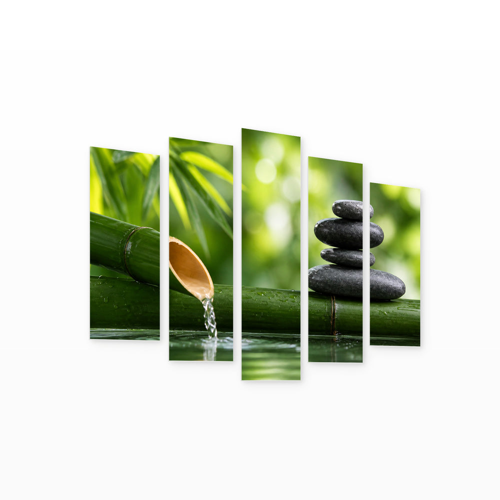 Zen Stones and Bamboo with Geometric Rhythm — five-panel wall art on white background in perspective | 5wallart 57087 M1