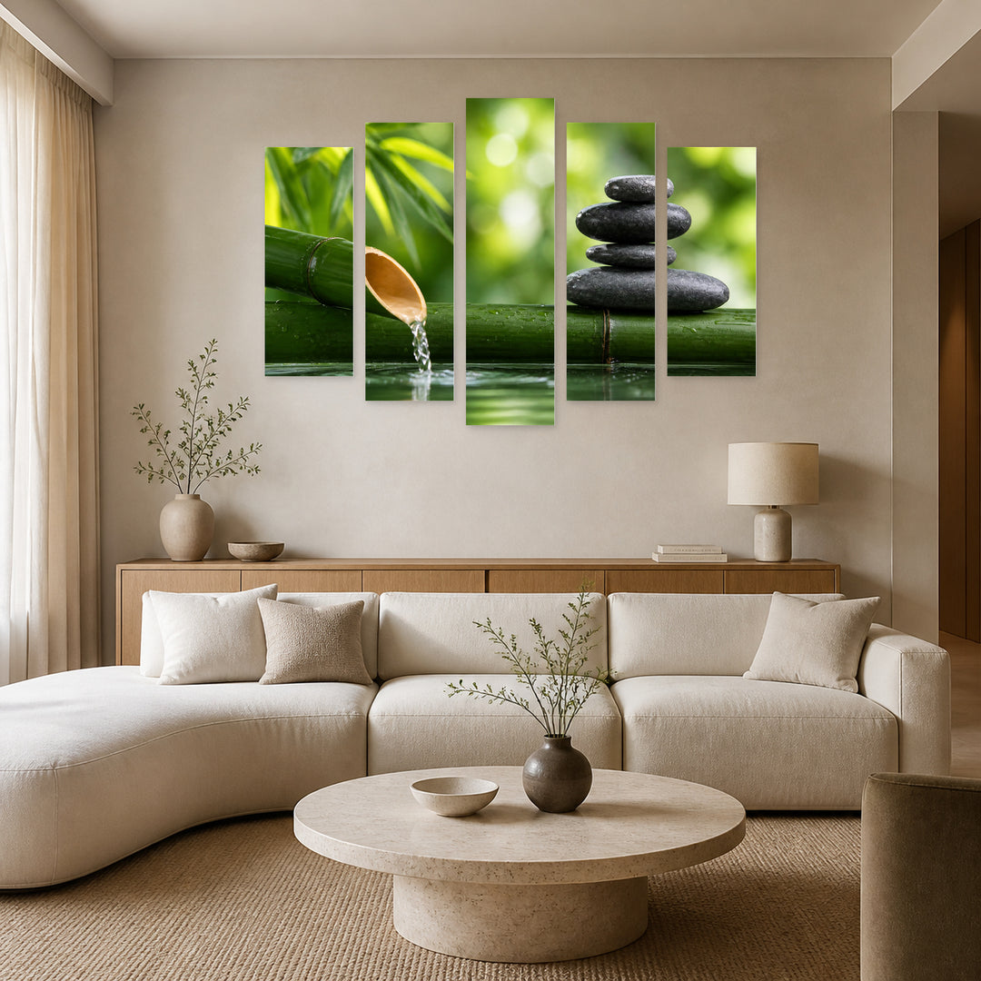 Zen Stones and Bamboo with Geometric Rhythm — five-panel wall art in frontal interior | 5wallart 57087 M3