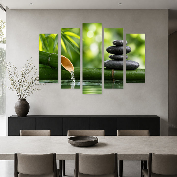 Zen Stones and Bamboo with Geometric Rhythm — five-panel wall art in alternate frontal interior | 5wallart 57087 M4