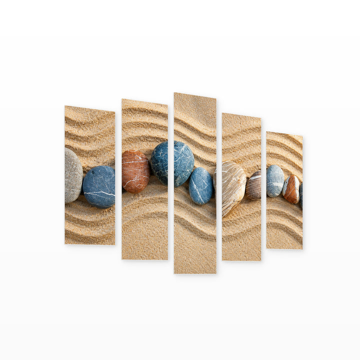Beach Pebbles in Blue and Gold — five-panel wall art on white background in perspective | 5wallart 57088 M1