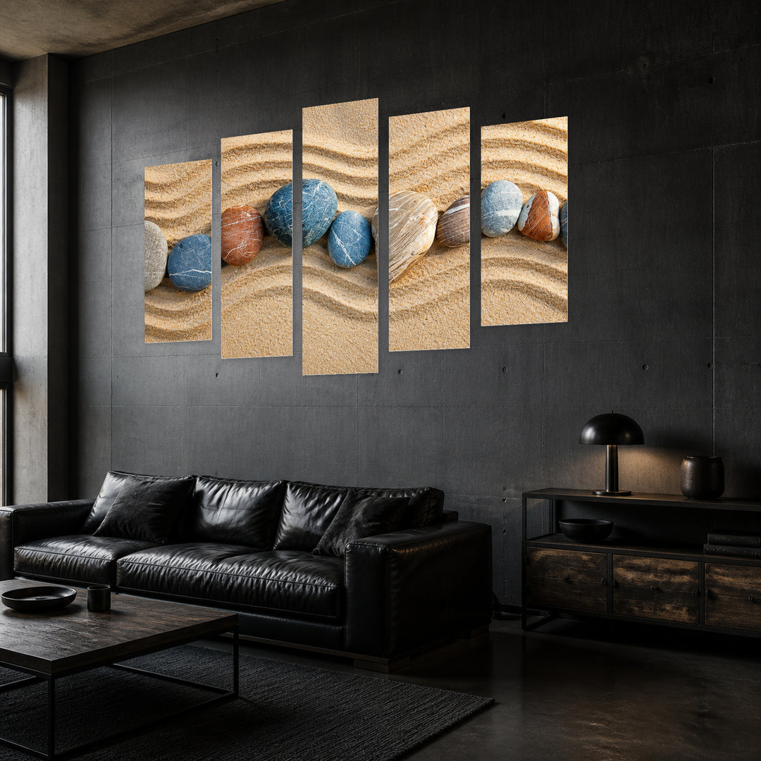 Beach Pebbles in Blue and Gold — five-panel wall art in perspective interior | 5wallart 57088 M2