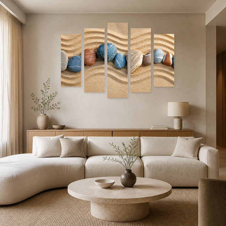 Beach Pebbles in Blue and Gold — five-panel wall art in alternate frontal interior | 5wallart 57088 M4
