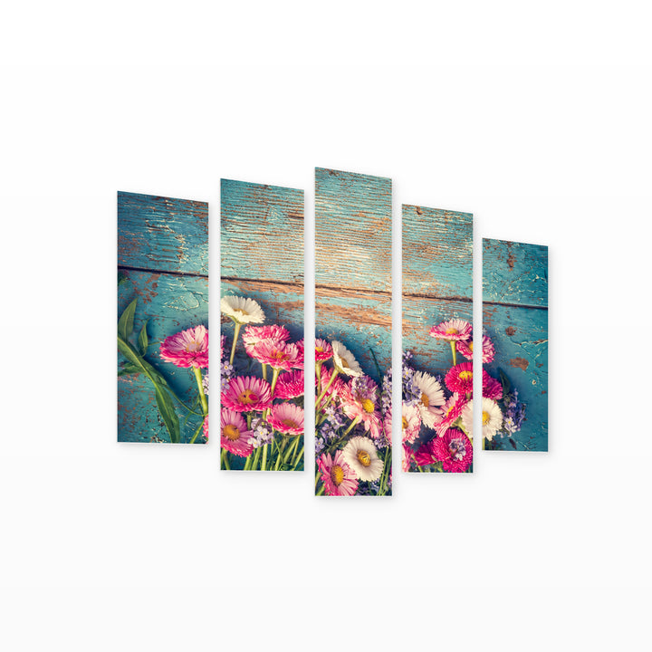 Flowers on a Blue Background in Serene Light — five-panel wall art on white background in perspective | 5wallart 57092 M1