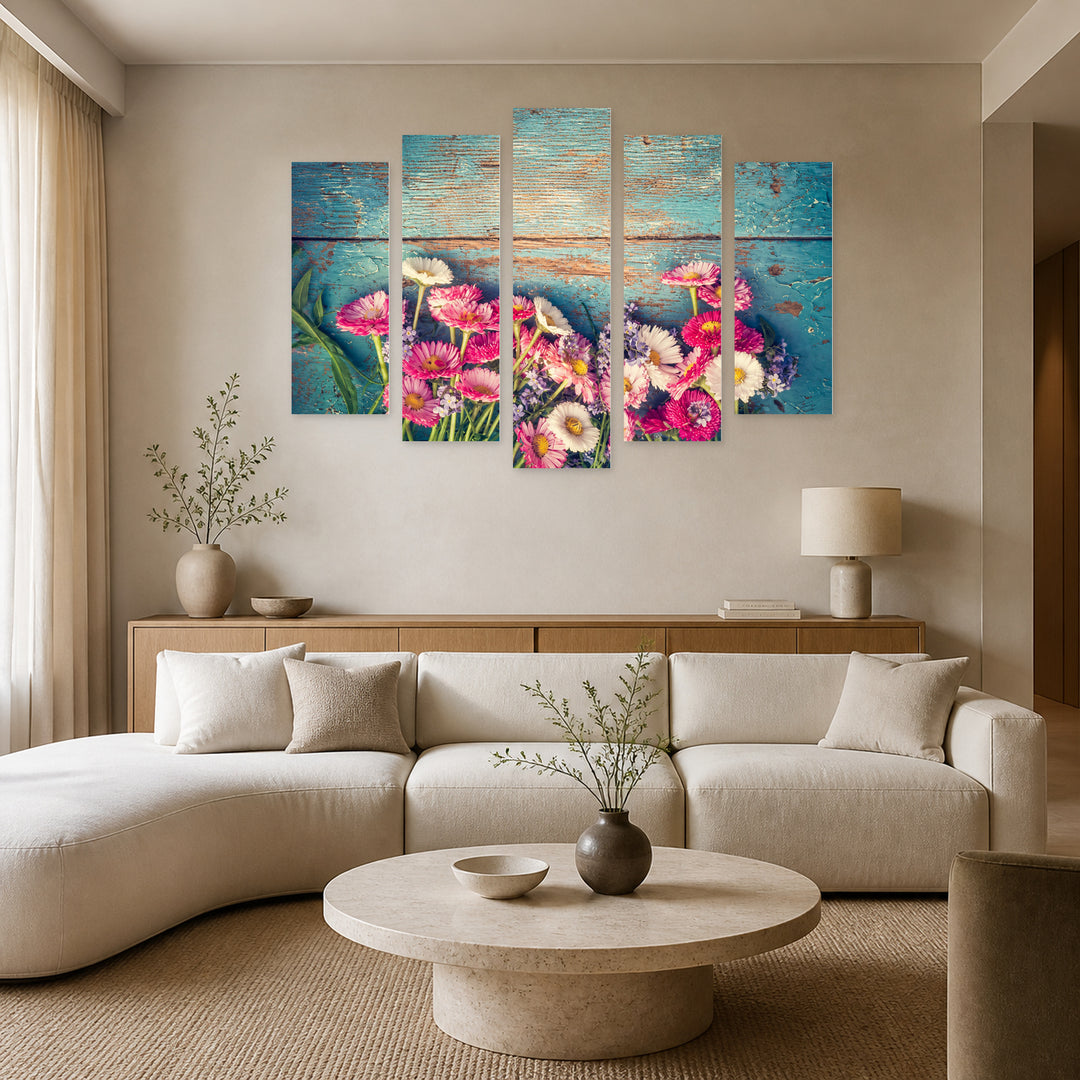 Flowers on a Blue Background in Serene Light — five-panel wall art in alternate frontal interior | 5wallart 57092 M4