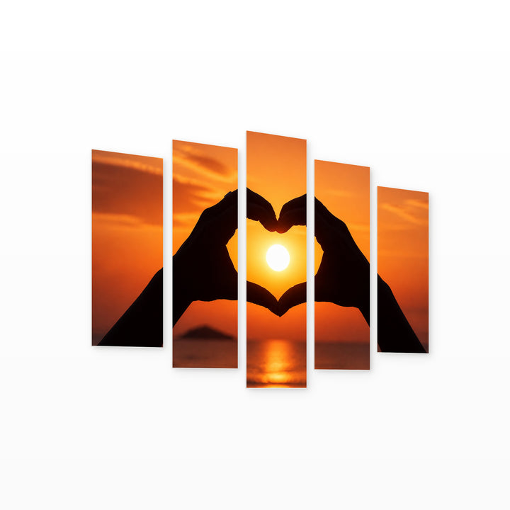 Golden Heart of Sunset — five-panel wall art on white background in perspective | 5wallart 57093 M1