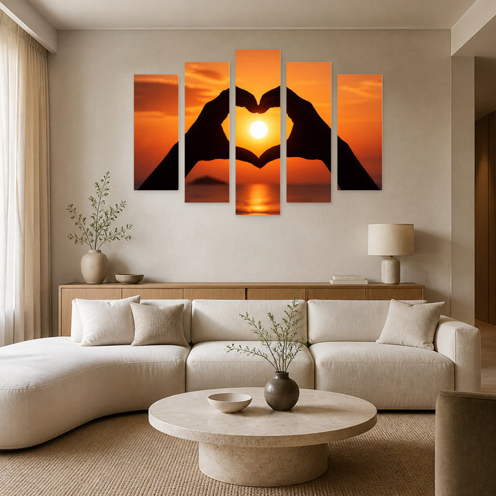 Golden Heart of Sunset — five-panel wall art in frontal interior | 5wallart 57093 M3