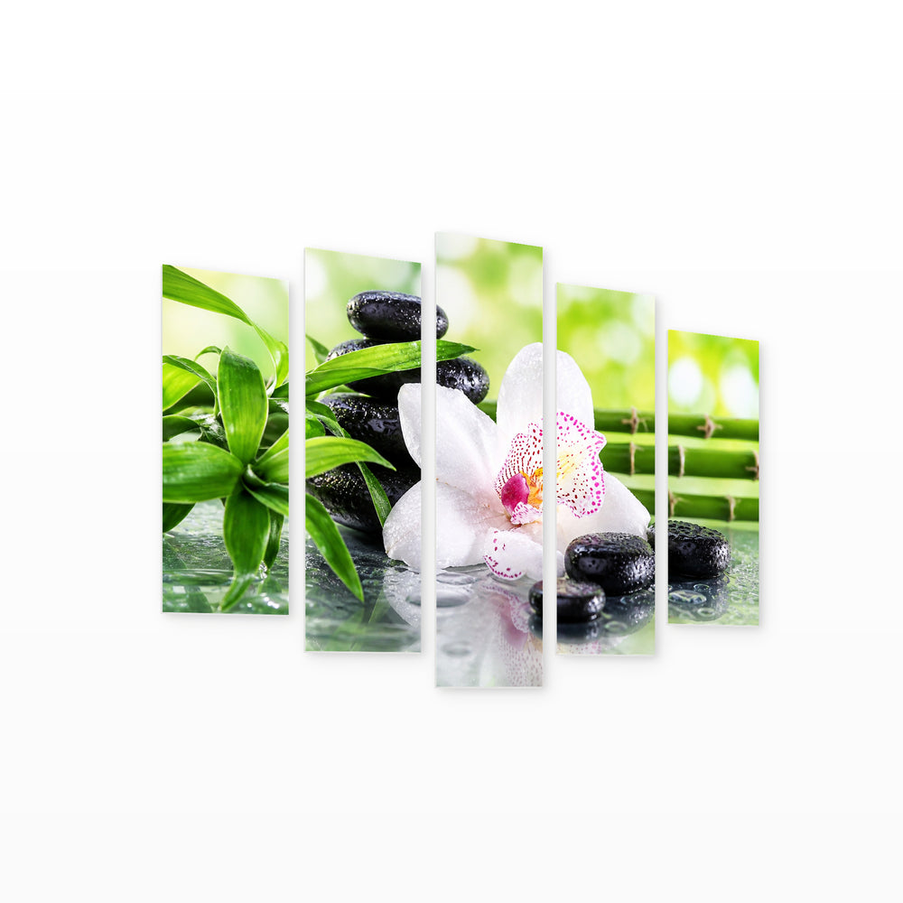 Orchid and Bamboo with Geometric Rhythm — five-panel wall art on white background in perspective | 5wallart 57098 M1